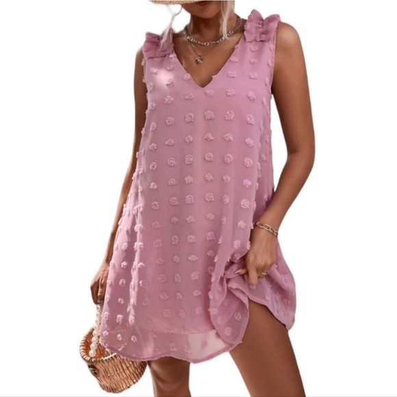 SHEIN Dresses & Skirts - Shein Pink Swiss Dot Ruffle Trim Dress